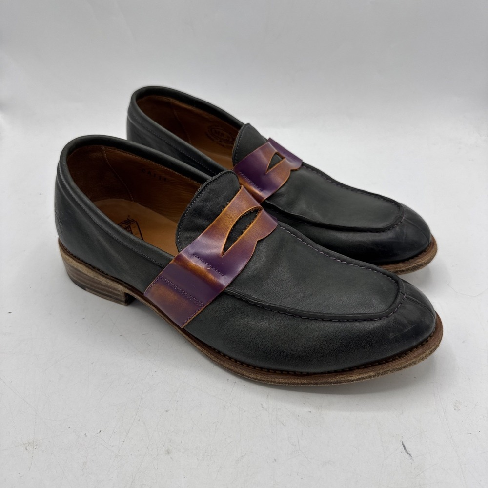 John Fluevog Penny Loafer Mens 8.5 Navy and Purple‎ Leather Straight 6 Tuscan